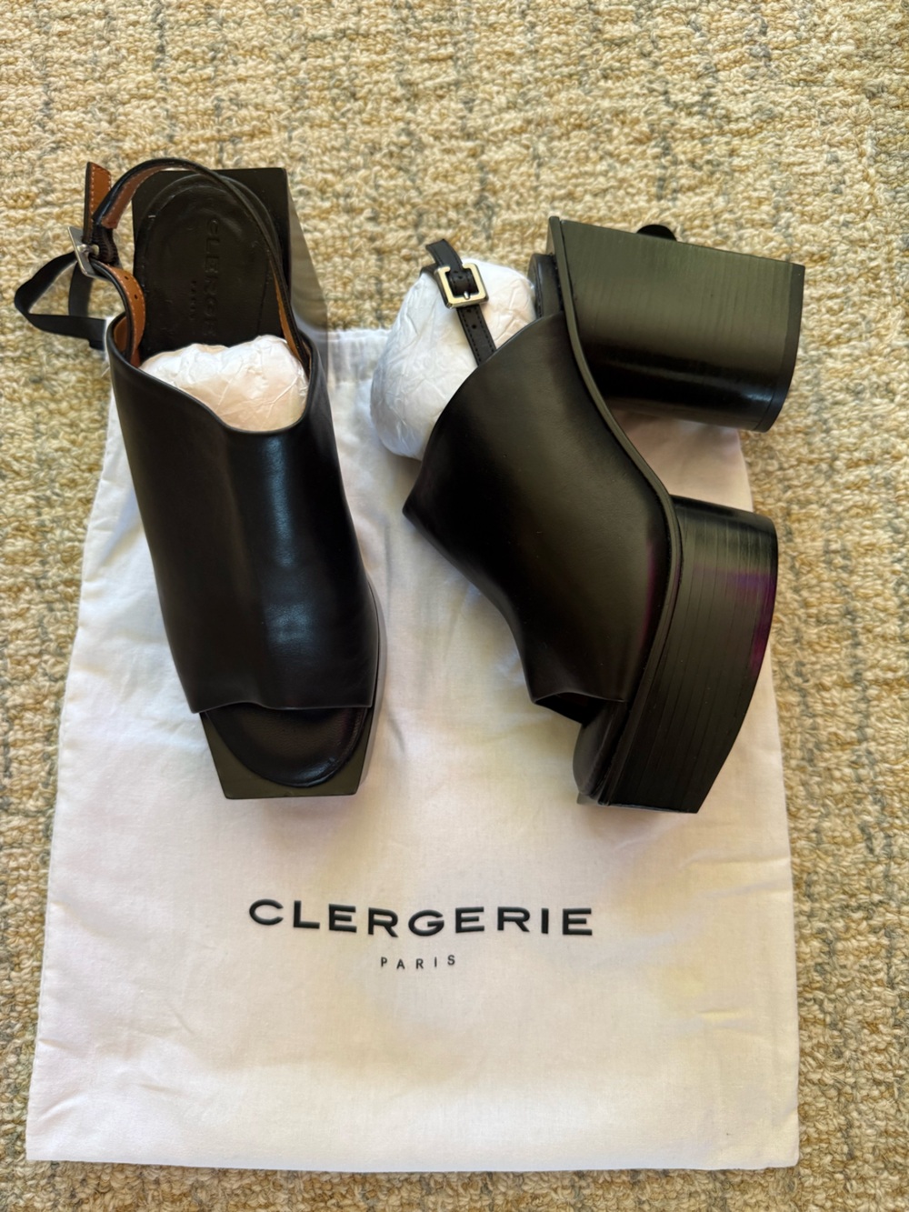 Robert Clergerie Black Leather Square Toe Platform Slingback Sandals